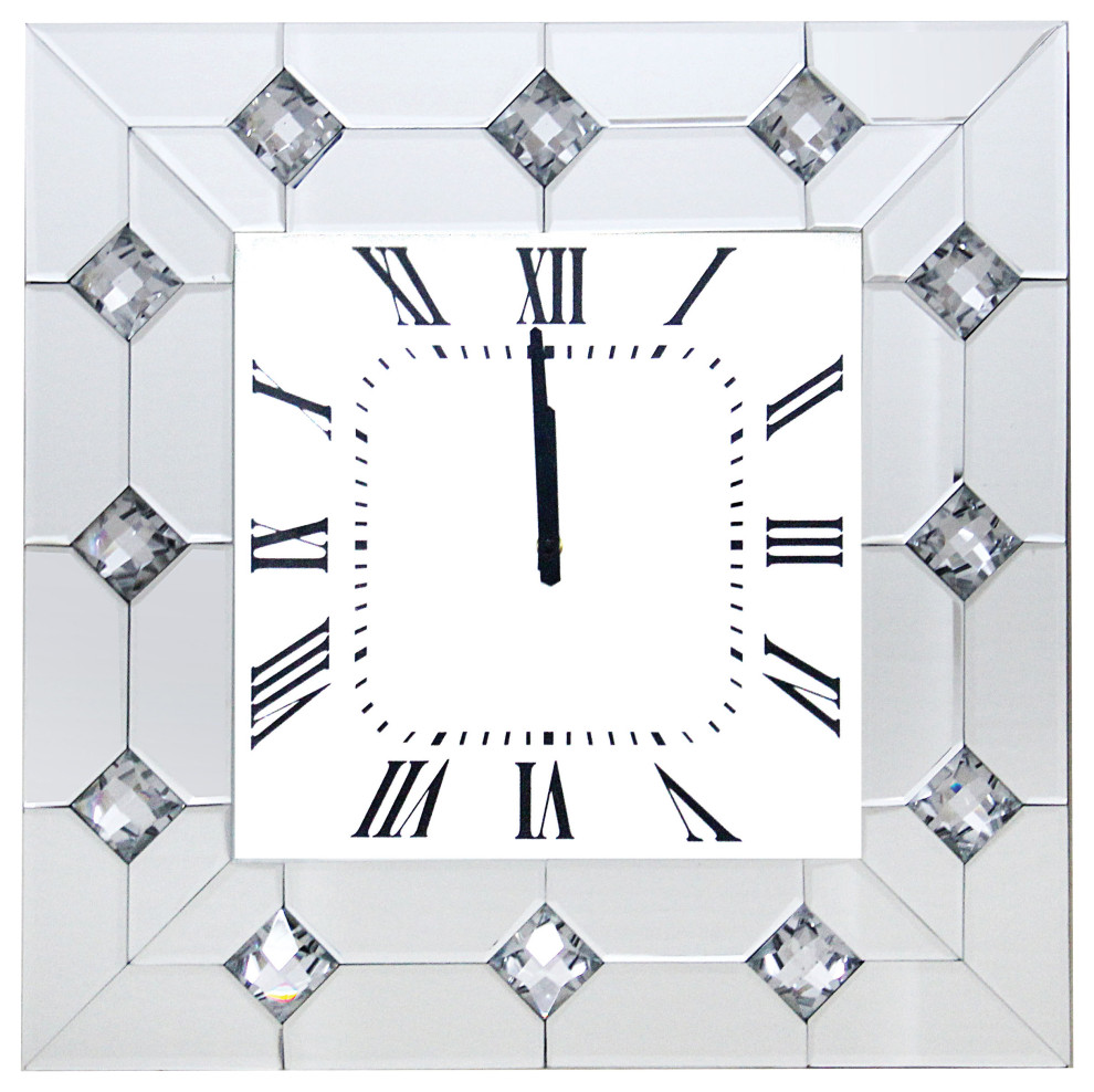 Mirrored Square Shape Wooden Analog Wall Clock With Crystal Accents
