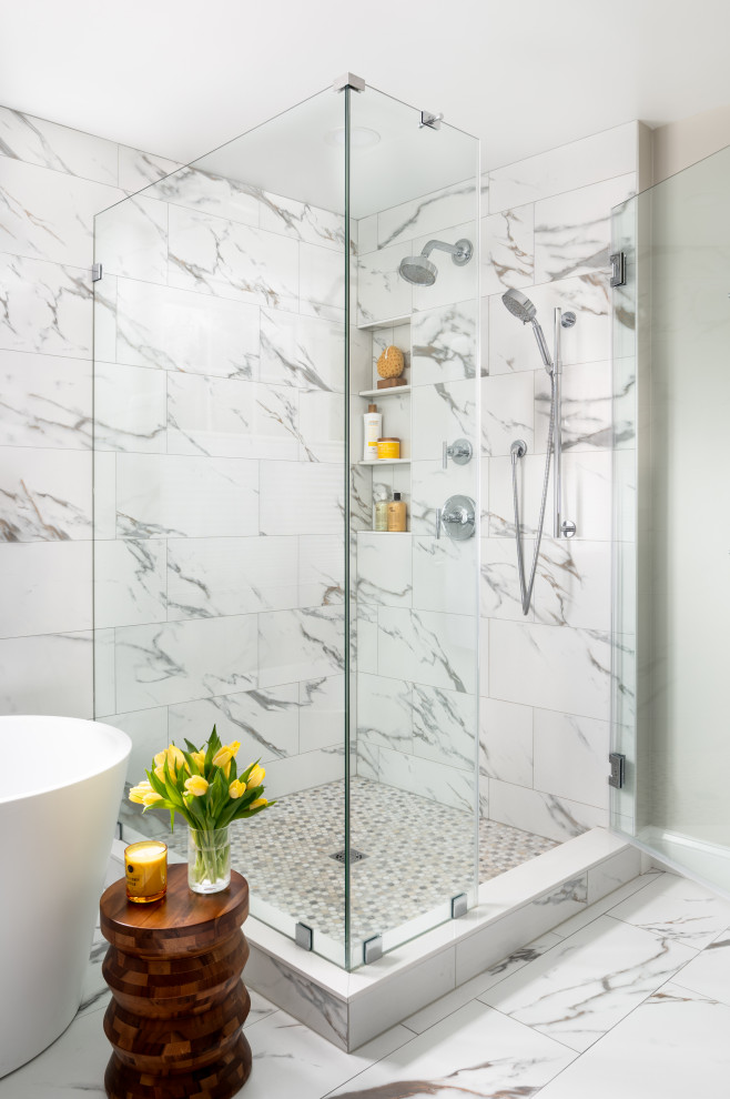 Bathroom - large contemporary master white tile and porcelain tile porcelain tile, white floor and double-sink bathroom idea in DC Metro with shaker cabinets, gray cabinets, a two-piece toilet, gray walls, an undermount sink, quartz countertops, a hinged shower door, white countertops, a niche and a freestanding vanity