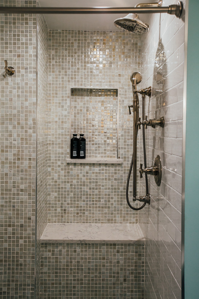Small transitional master blue tile and ceramic tile mosaic tile floor and blue floor bathroom photo in Denver with shaker cabinets, white cabinets, a one-piece toilet, blue walls, a console sink, quartz countertops and white countertops