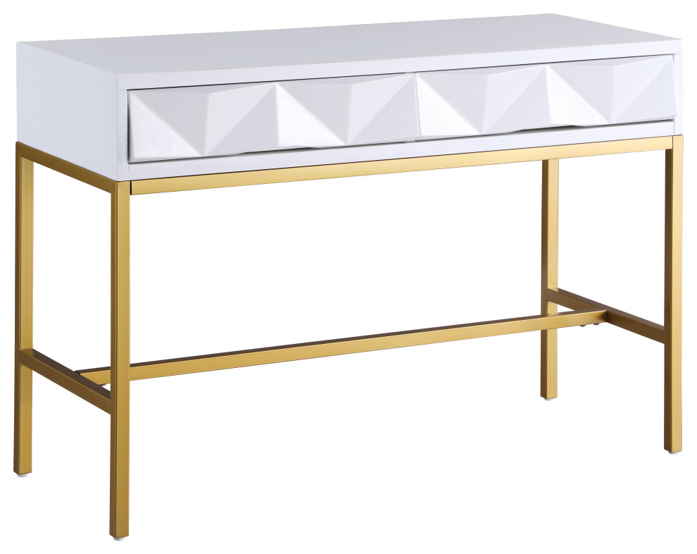 Pandora White Laquer Console Table With Gold Iron Base Contemporary Tables By Meridian Furniture - Mercury Demilune Sofa Table Pandora White Laquer Console Table With Gold Iron Base Contemporary Tables By Meridian Furniture - Mercury Demilune Sofa Table
