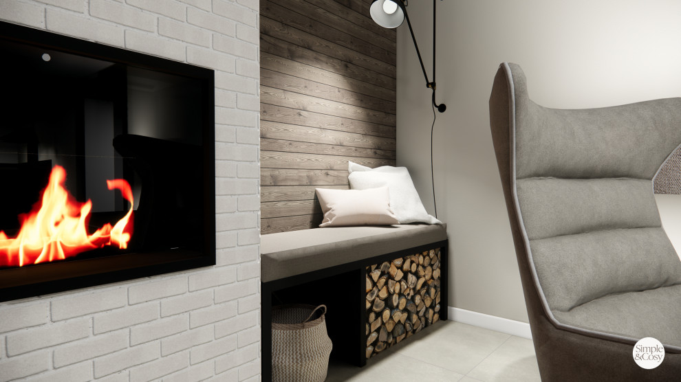 Пример оригинального дизайна: открытая гостиная комната среднего размера в стиле лофт с белыми стенами, полом из керамической плитки, стандартным камином, фасадом камина из кирпича, телевизором на стене, бежевым полом и стенами из вагонки
