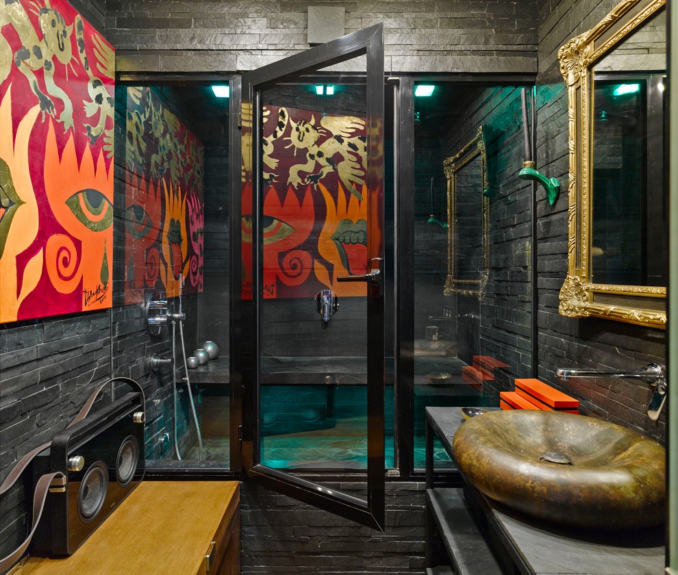 Eclectic bathroom in Moscow with black tile, black walls, a vessel sink and with a sauna.