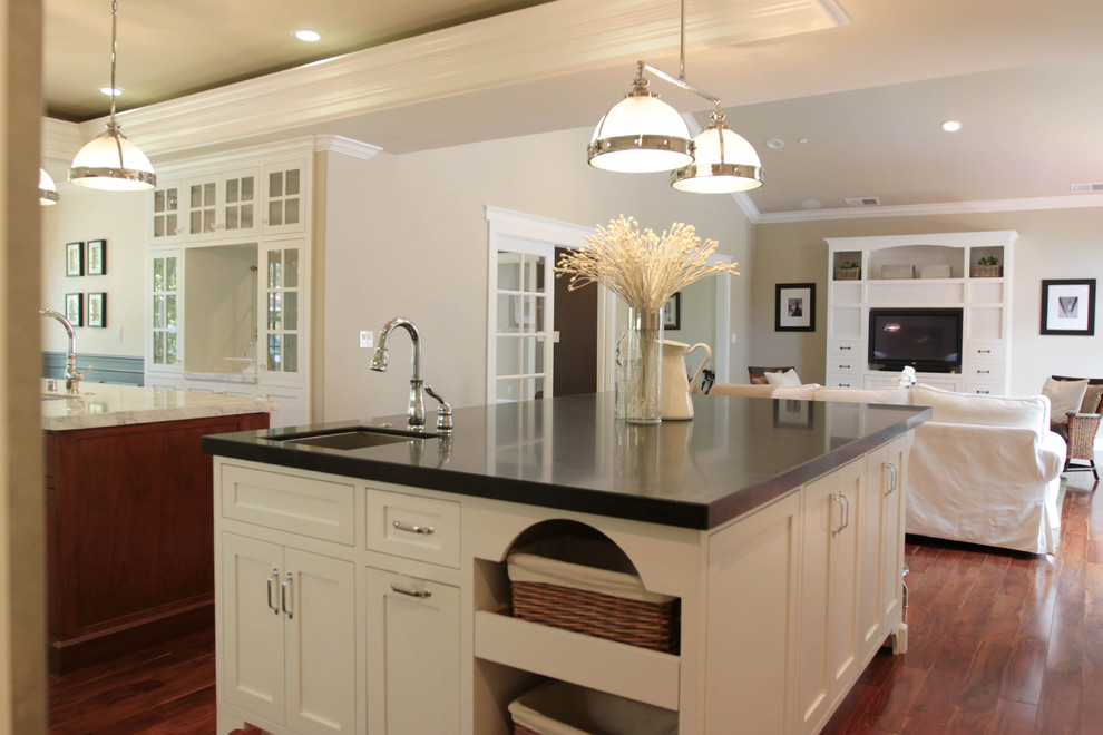 Design ideas for a traditional open plan kitchen in San Francisco with glass-front cabinets and white cabinets.