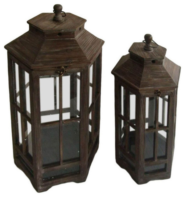 Wood And Glass Lantern Home Decorative Accent 2 Piece Set Traditional Candleholders By Clickhere2shop