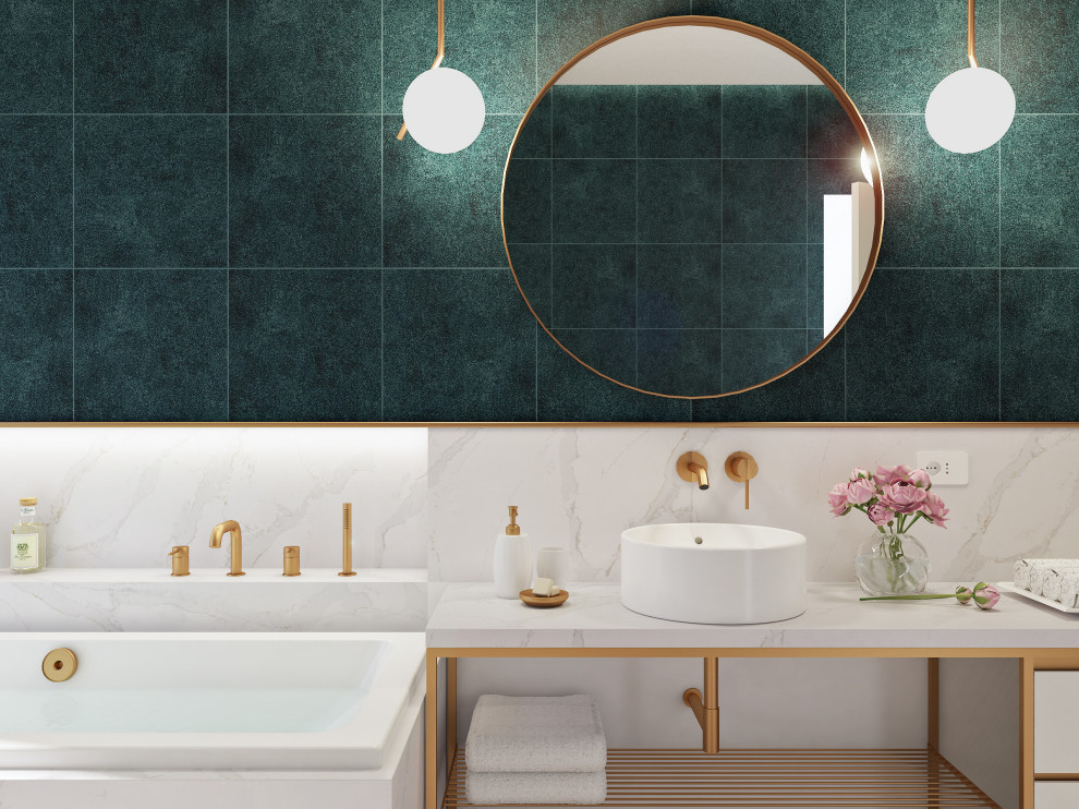 Inspiration for a mid-sized contemporary master bathroom in Other with open cabinets, white cabinets, a drop-in tub, a wall-mount toilet, green tile, ceramic tile, green walls, porcelain floors, a vessel sink, engineered quartz benchtops, white floor and white benchtops.