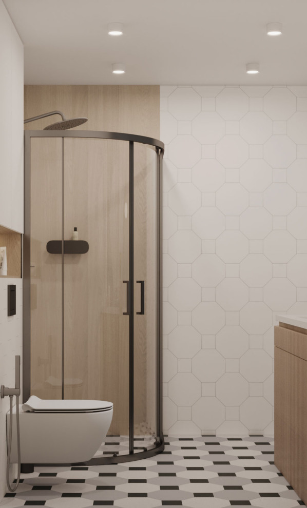 Современный интерьер с яркими акцентами и геометрическими формами