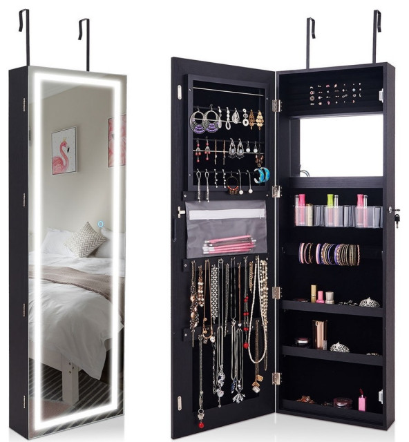 Door Wall Mount Touch Screen Mirrored Jewelry Cabinet Black