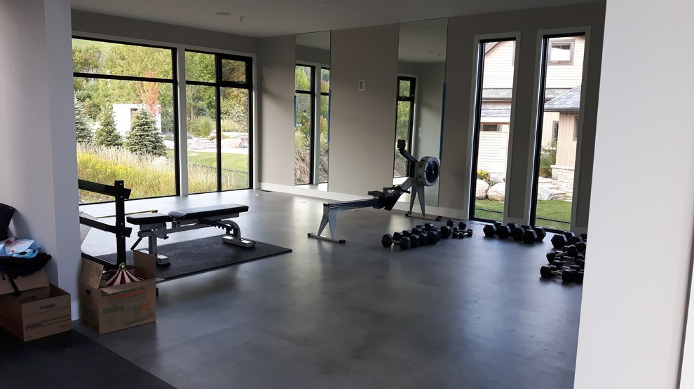 Expansive modern home weight room in Toronto with grey walls, vinyl floors and grey floor.