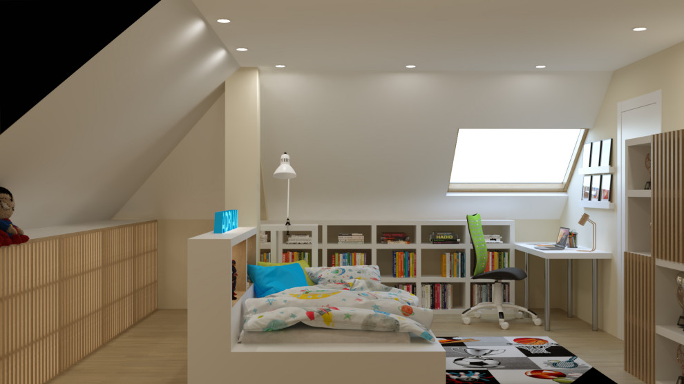 Foto de dormitorio principal actual de tamaño medio con suelo de madera clara, suelo beige, techo inclinado, papel pintado y con escritorio
