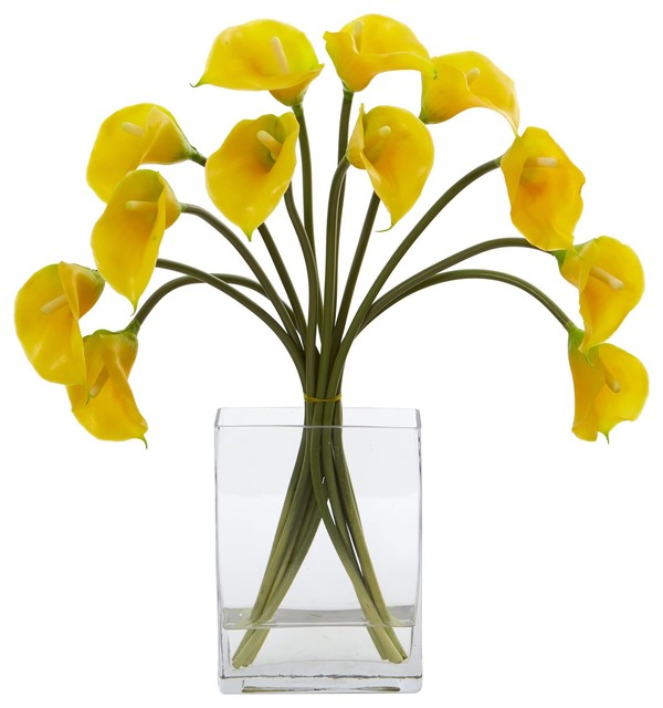 Artificial Flowers Calla Lily Yellow Arrangement In Vase