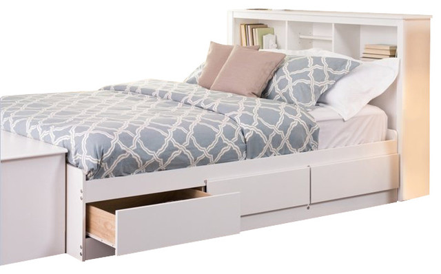 Prepac Monterey White Queen Bookcase Platform Storage Bed