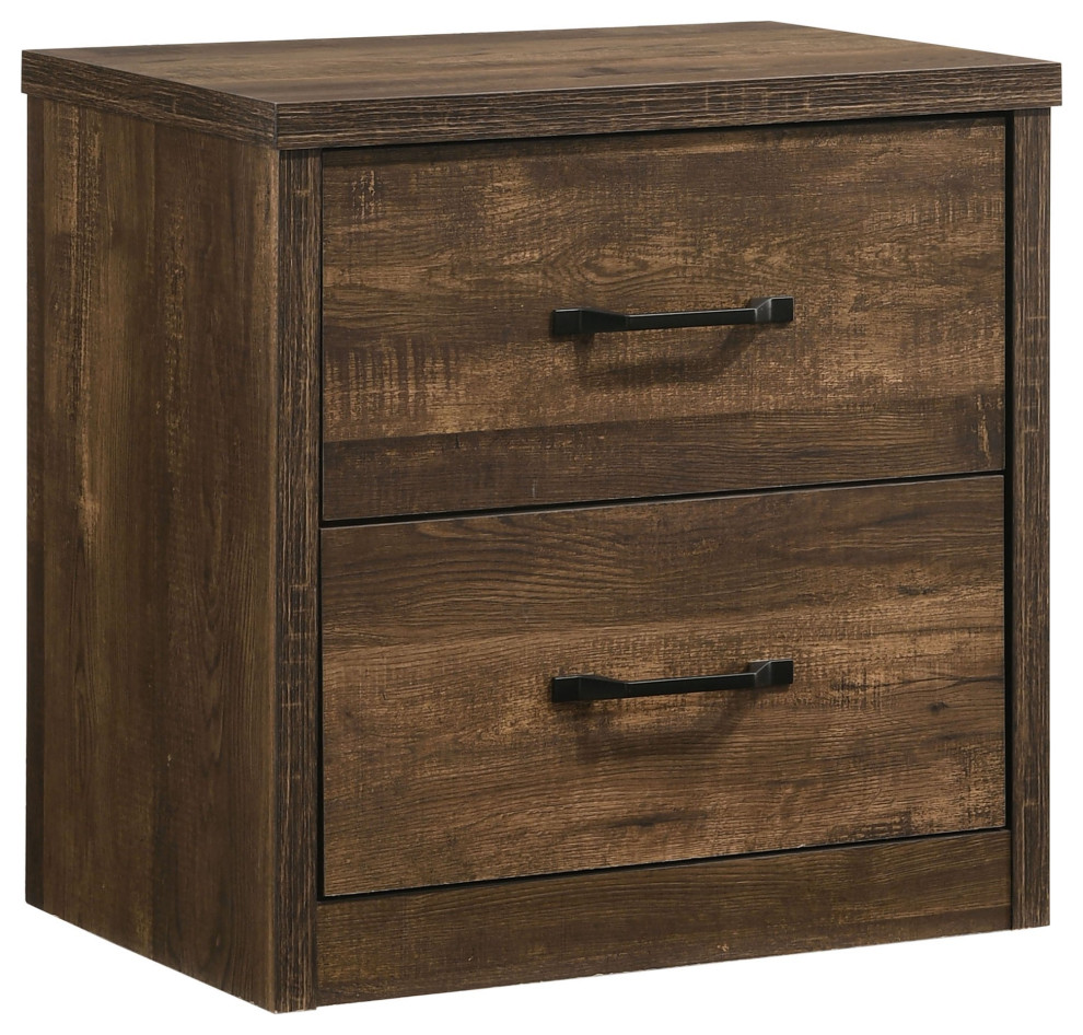 Rustic Nightstand, 2 Storage Drawers With Bar Pull Handles & USB Port