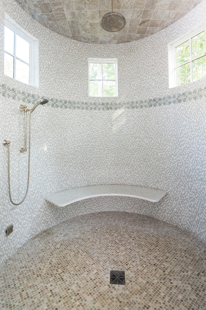 Inspiration for a large traditional master bathroom in Charlotte with raised-panel cabinets, grey cabinets, white tile, marble benchtops, a curbless shower and mosaic tile floors.