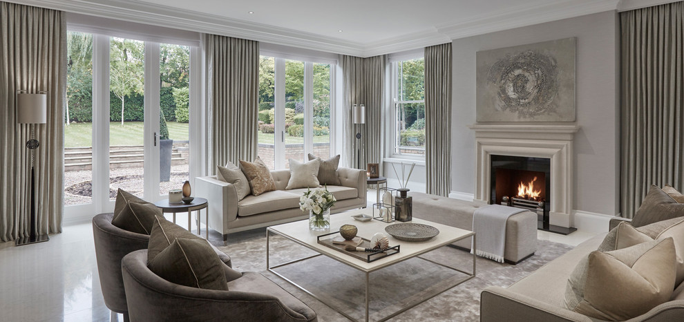Large transitional formal open concept living room in Chicago with grey walls, porcelain floors, a standard fireplace, a stone fireplace surround and white floor.