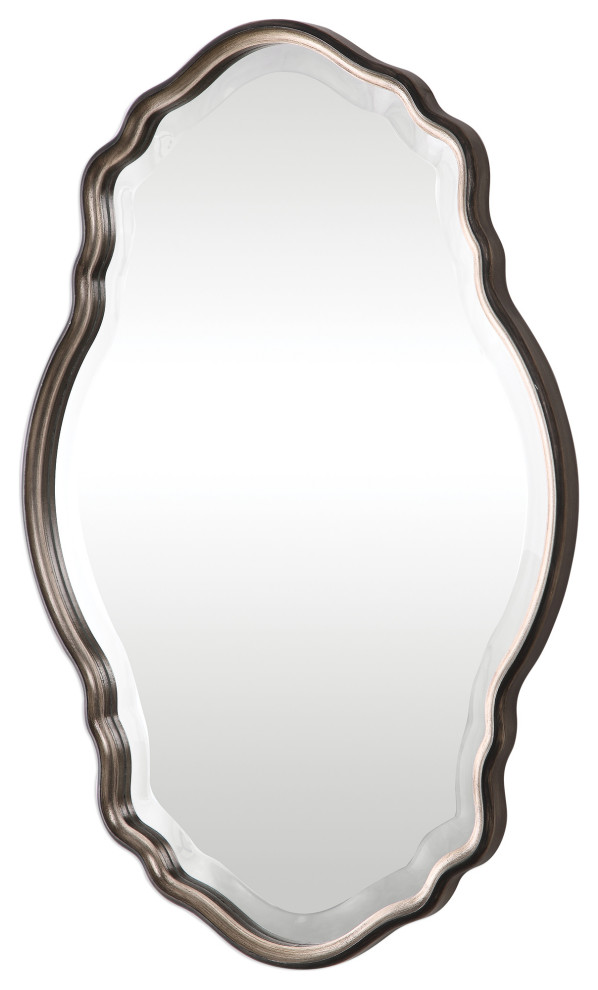 Benzara Wooden Frame Mirror with Beveled Carved Edges, Brown and Silver