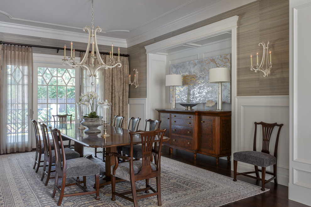 Inspiration for a traditional dining room in San Francisco with brown walls and dark hardwood floors.