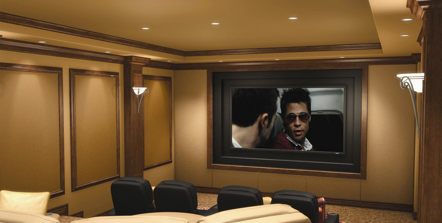 Inspiration for a large transitional enclosed home theatre in Other with brown walls, carpet and a projector screen.