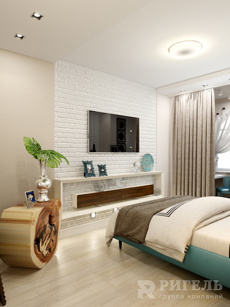 Светлая и уютная спальня с элементами лофта