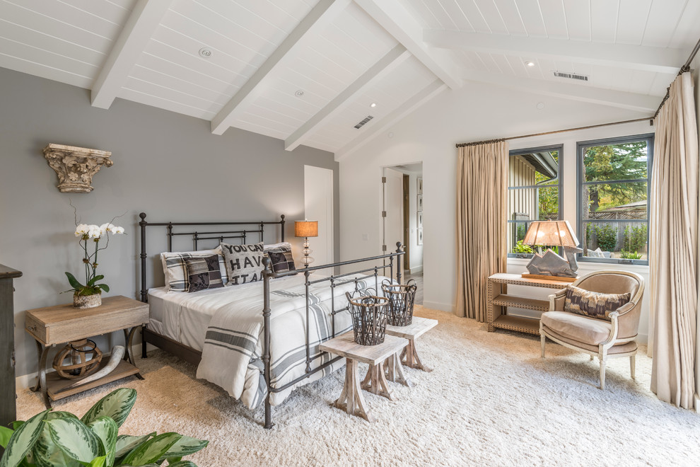 Bedroom - country carpeted bedroom idea in San Francisco with gray walls and no fireplace