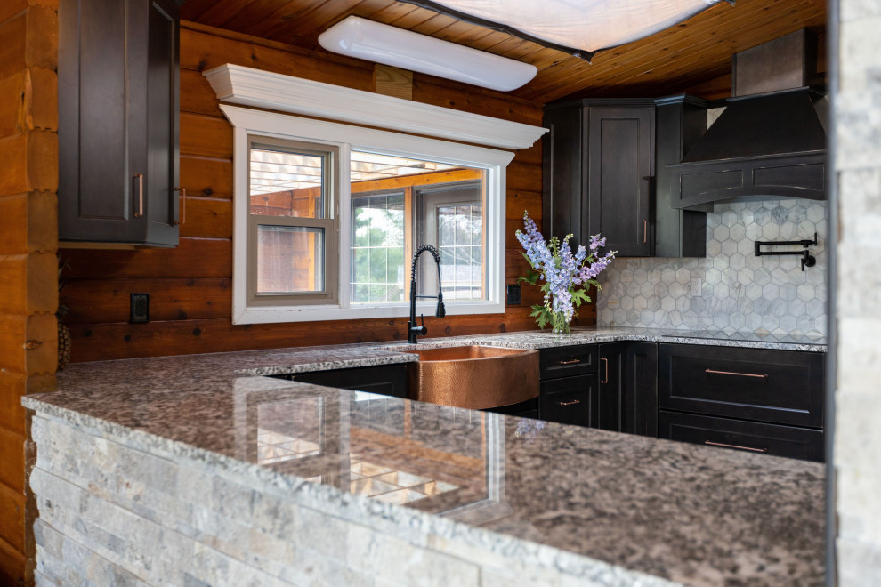 Inspiration for a mid-sized rustic u-shaped ceramic tile, multicolored floor and wood ceiling eat-in kitchen remodel with a farmhouse sink, shaker cabinets, distressed cabinets, granite countertops, gray backsplash, mosaic tile backsplash, stainless steel appliances, no island and multicolored countertops