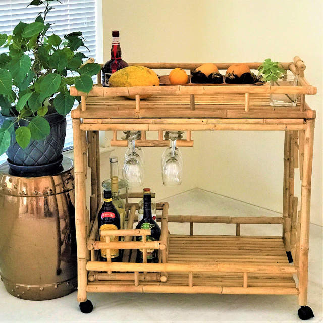 Bamboo Rolling Wine Buffet Kitchen Living Room Bar Serving Cart, Natural