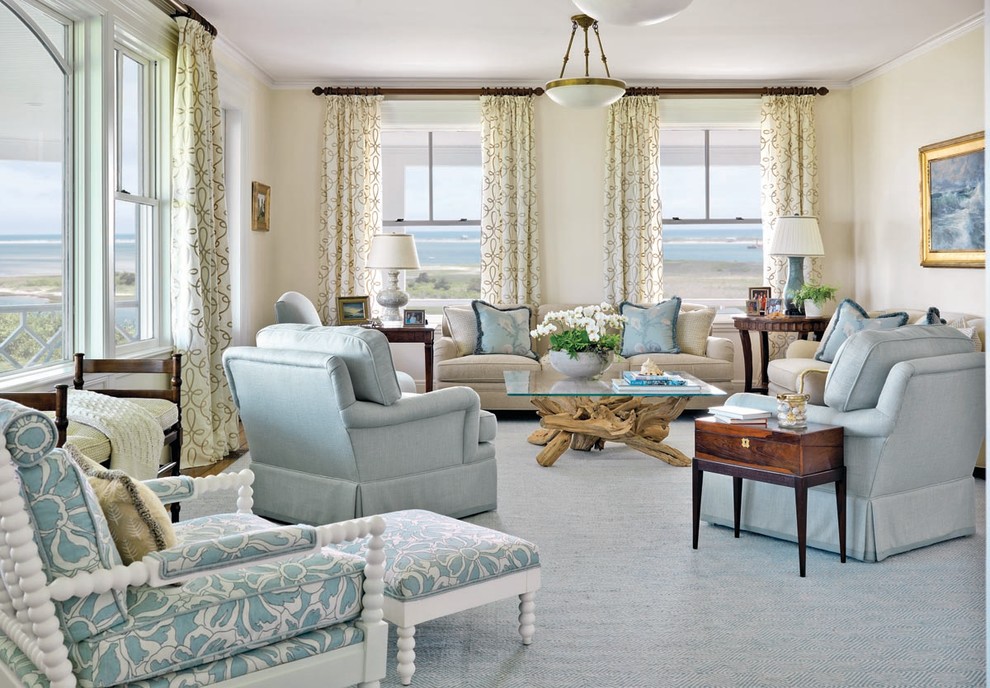 This is an example of a mid-sized beach style formal enclosed living room in Boston with beige walls, carpet, no fireplace and no tv.