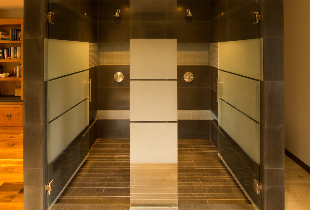 Inspiration for a mid-sized rustic master gray tile and stone tile porcelain tile double shower remodel with shaker cabinets, medium tone wood cabinets and beige walls