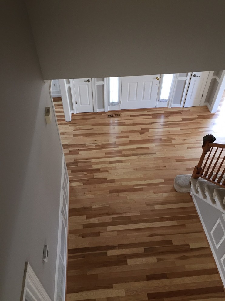 Example of a mid-sized transitional light wood floor foyer design in DC Metro with gray walls and a white front door