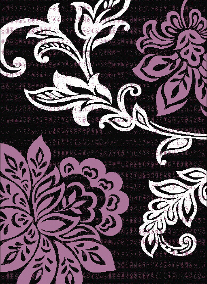 Contemporary Floral Area Rug in Black and Plum (7 ft. 2 in. L x 5 ft. 3 in. W)