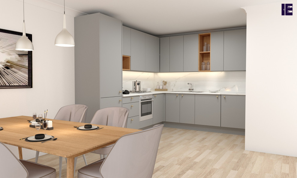 Inspiration for a medium sized modern l-shaped kitchen/diner in London with a single-bowl sink, flat-panel cabinets, grey cabinets, quartz worktops, white splashback, marble splashback, plywood flooring, multi-coloured floors, white worktops, a wood ceiling and a feature wall.