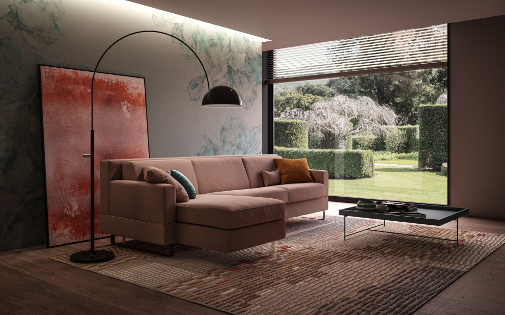 Esempio di un ampio soggiorno contemporaneo aperto con pavimento beige, carta da parati, pareti beige e parquet scuro