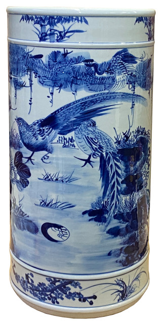 Chinese Blue White Porcelain Flower Birds Graphic Column Vase Holder Hws2716