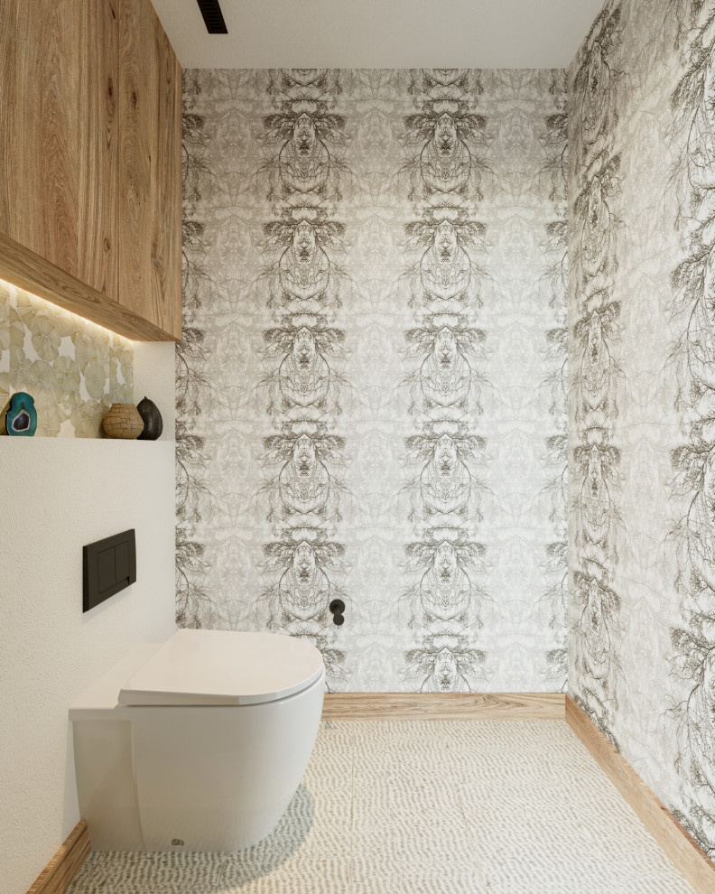 Идея дизайна: большая главная ванная комната в скандинавском стиле с фасадами островного типа, светлыми деревянными фасадами, отдельно стоящей ванной, открытым душем, инсталляцией, зеленой плиткой, керамической плиткой, белыми стенами, полом из известняка, врезной раковиной, столешницей из оникса, белым полом, открытым душем, зеленой столешницей, нишей, тумбой под две раковины и подвесной тумбой