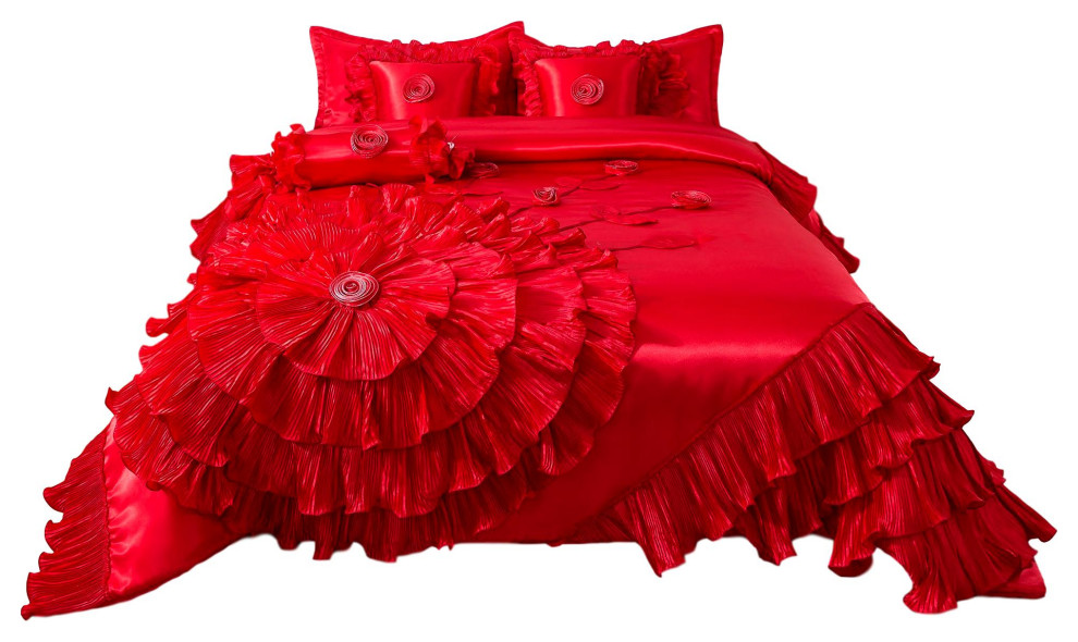 Red Rose Satin Ruffle Floral Romantic Victorian Comforter Bedding Set, Queen