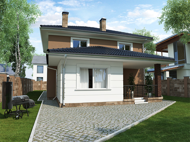 Проект двухэтажного дома с террасой, балконом, крыльцом и тамбуром