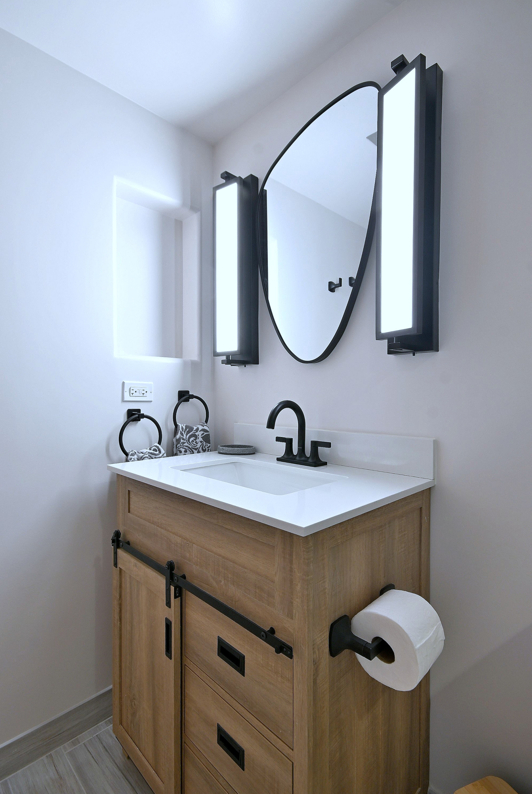 Modern Transitional Bathroom with Sliding Barn Door Vanity