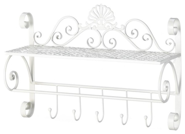 Iron White Flourish Wall Shelf With Hooks Traditional Display And Wall Shelves By Wrought Iron Haven