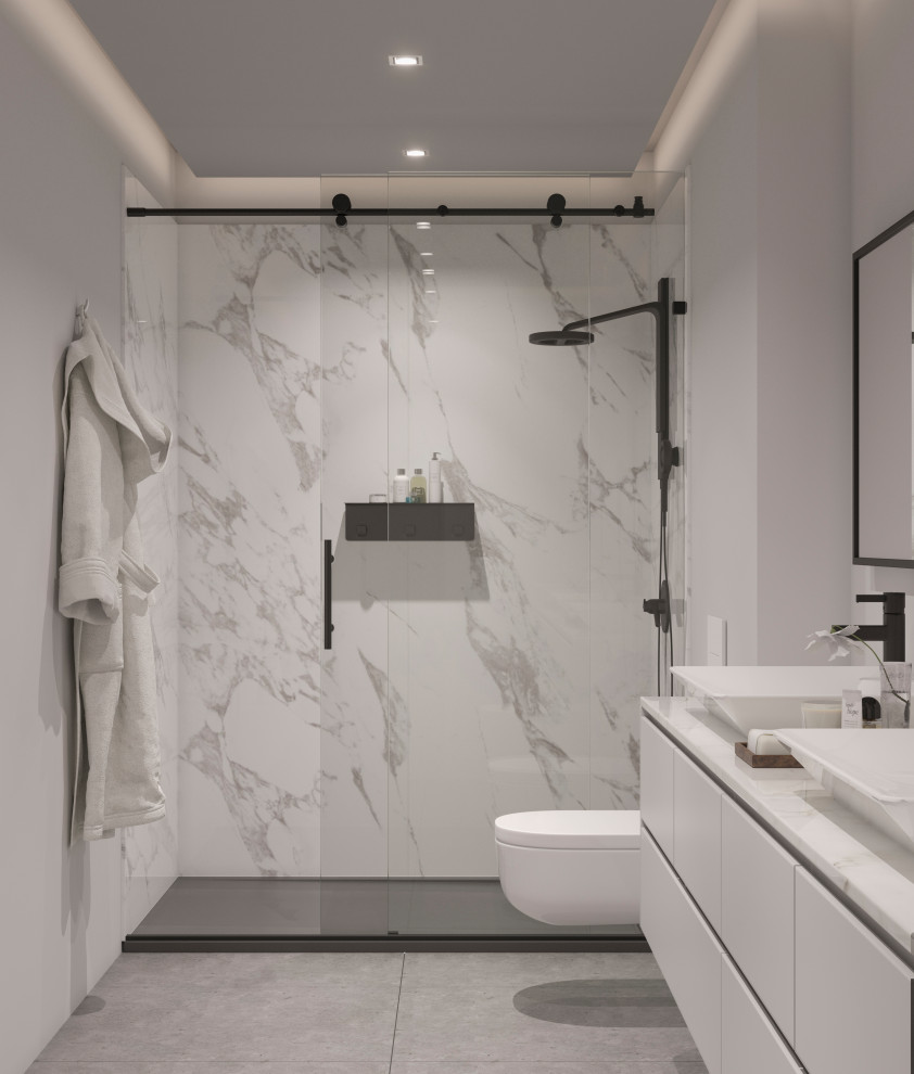 Inspiration for a mid-sized modern master white tile double-sink bathroom remodel in Other with a floating vanity, white cabinets, white walls and marble countertops
