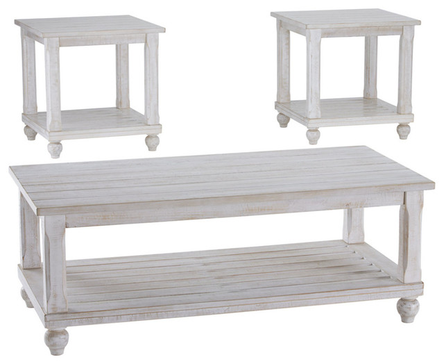 Benzara BM190134 Plank Style Table Set with Lower Shelf & Bun Feet, S/3, White