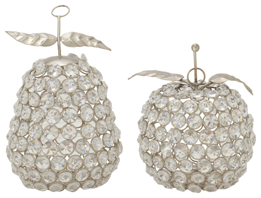 Set of 2 Silver Metal Glam Fruit Sculpture, 5"x7" Contemporary