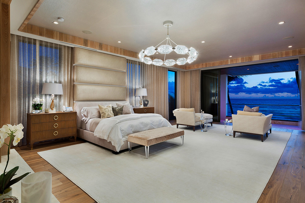 Inspiration for a contemporary bedroom in Other with dark hardwood floors and brown floor.