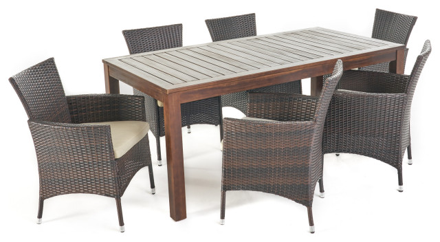 GDF Studio 7-Piece Taft Outdoor Dining Set With Dark Brown Wood Table and Chairs