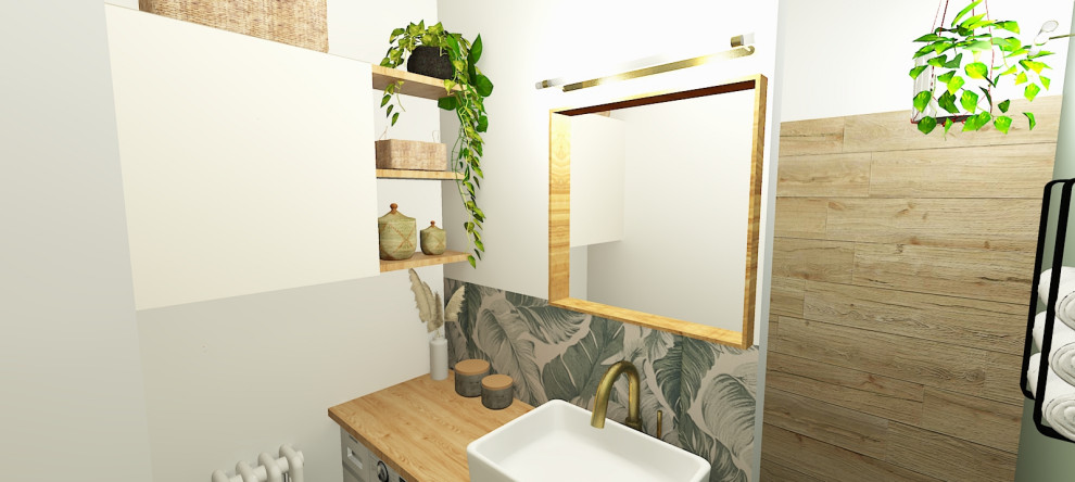 Источник вдохновения для домашнего уюта: ванная комната в скандинавском стиле с плиткой под дерево, полом из плитки под дерево, душевой кабиной, столешницей из ламината и тумбой под одну раковину