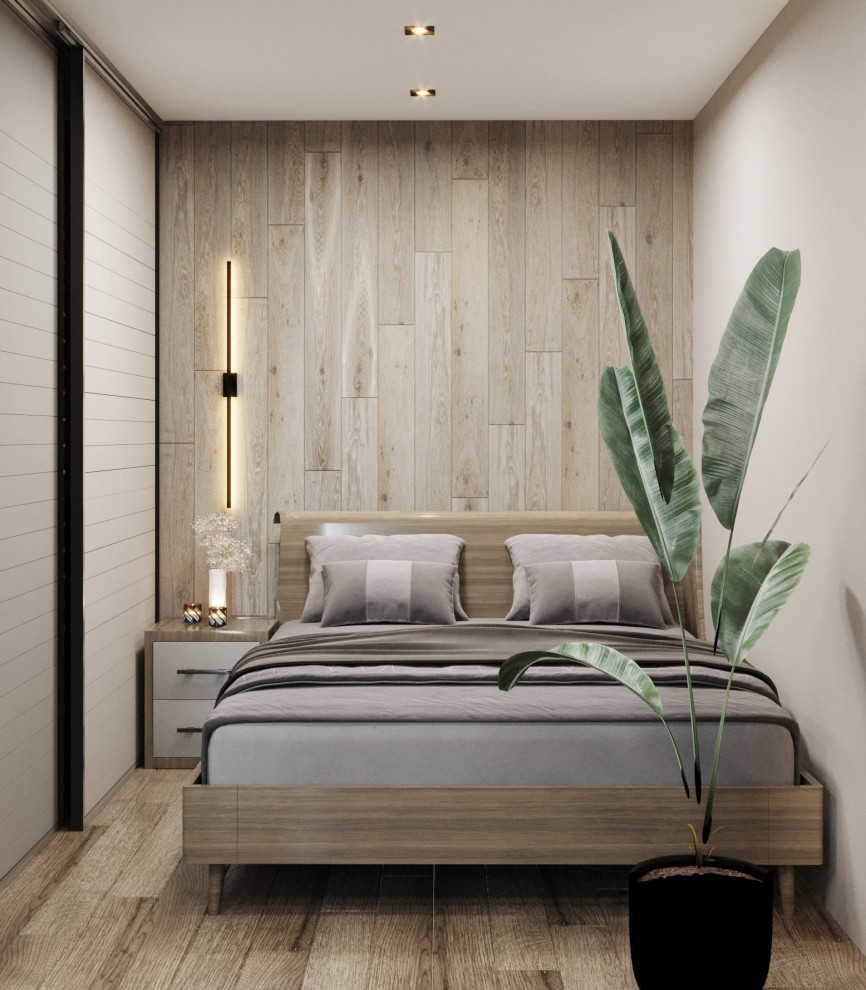 Foto de dormitorio contemporáneo pequeño con paredes beige y suelo de madera pintada