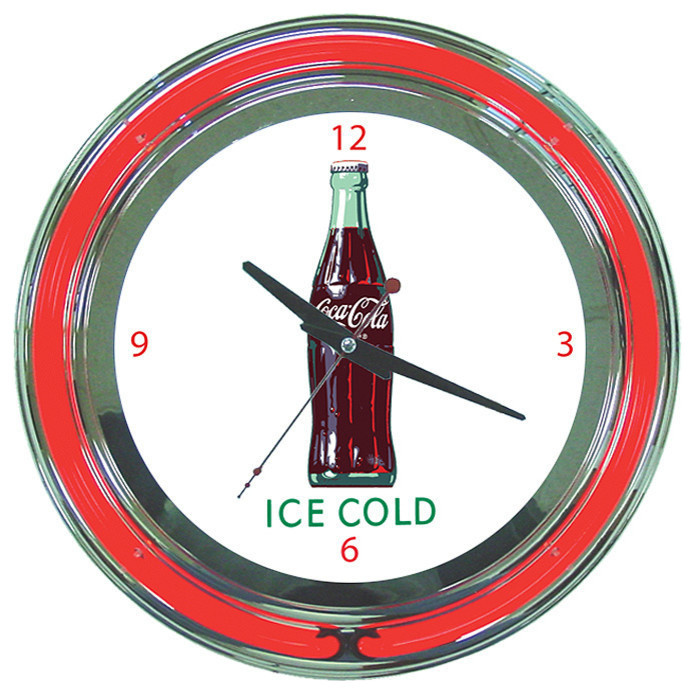 Coca Cola Ice Cold Bottle Neon Clock - 14 inch Diameter