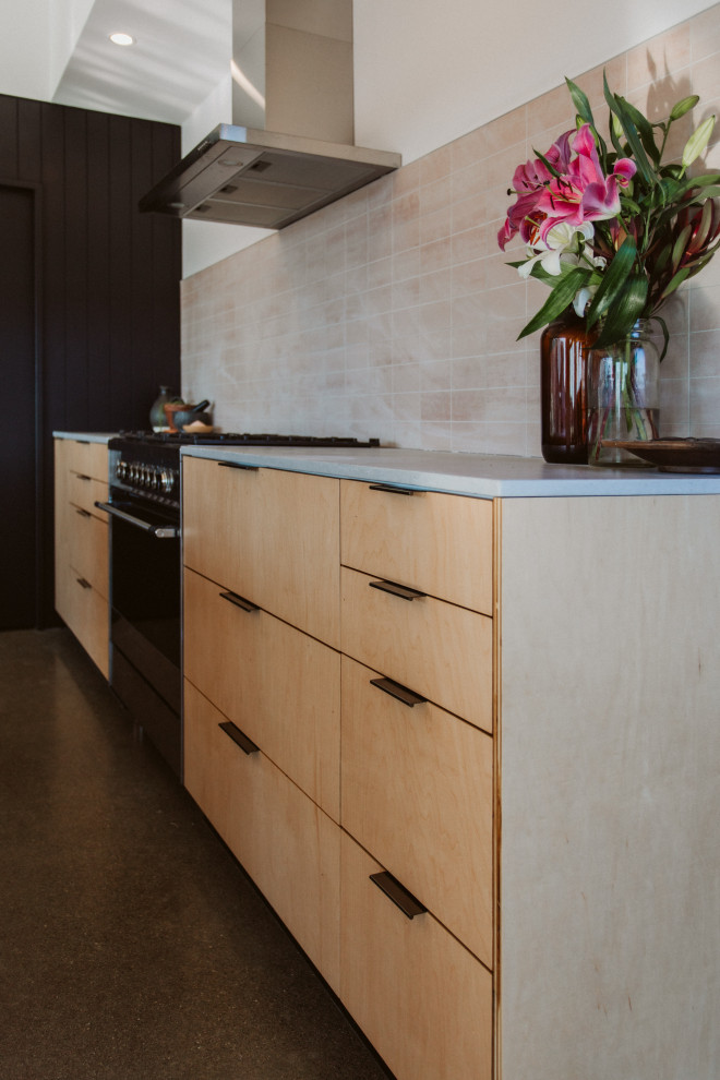 This is an example of a contemporary kitchen in Other with light wood cabinets.