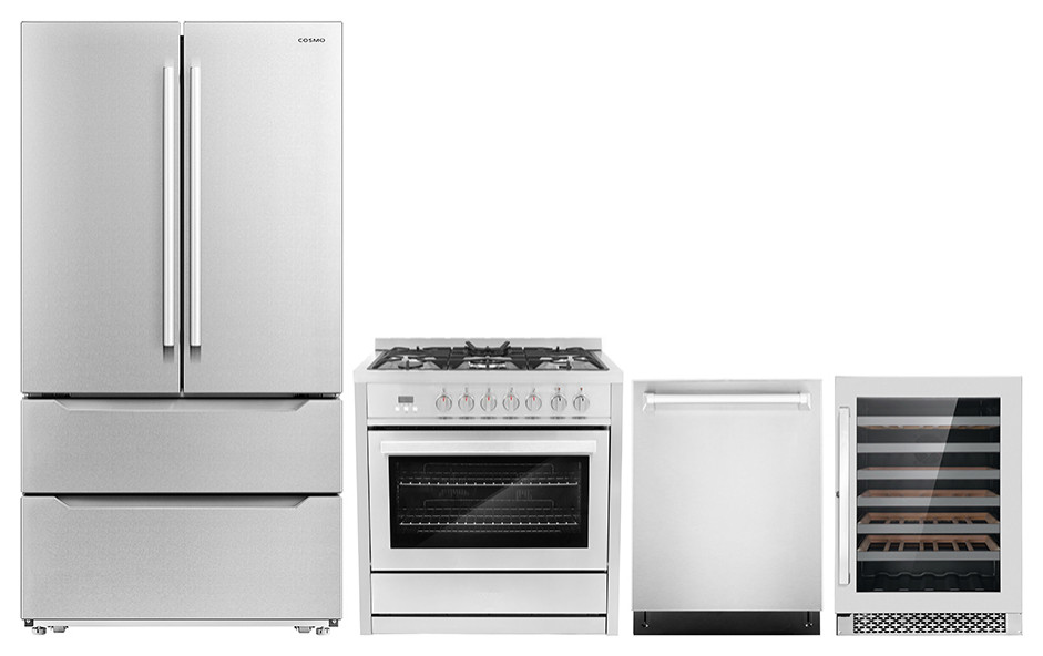 4 Piece, 36" Range 24" Dishwasher & Refrigerator & Wine Refrigerator Contemporary
