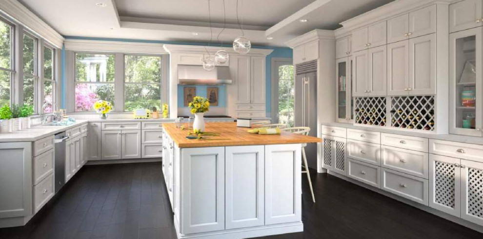 Example of a large transitional u-shaped dark wood floor and black floor open concept kitchen design with an undermount sink, recessed-panel cabinets, white cabinets, wood countertops, stainless steel appliances, an island and beige countertops