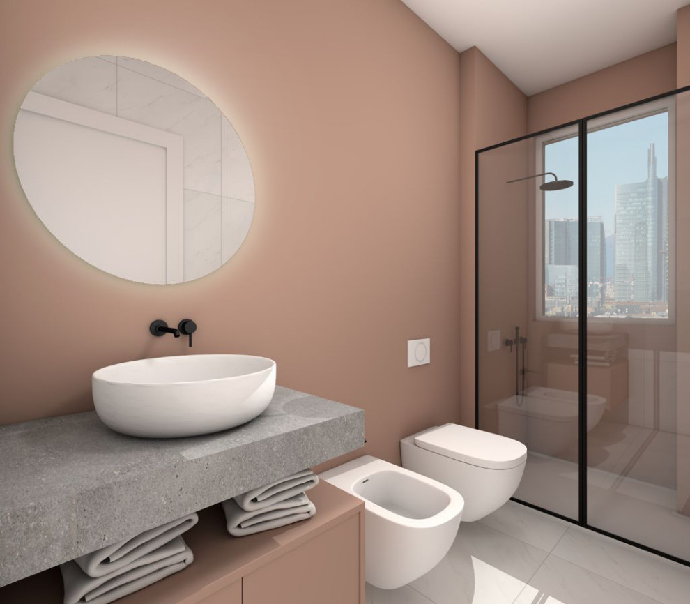 Источник вдохновения для домашнего уюта: туалет среднего размера в стиле модернизм с плоскими фасадами, серыми фасадами, инсталляцией, розовой плиткой, розовыми стенами, полом из керамогранита, настольной раковиной, столешницей из гранита, серым полом, серой столешницей и подвесной тумбой