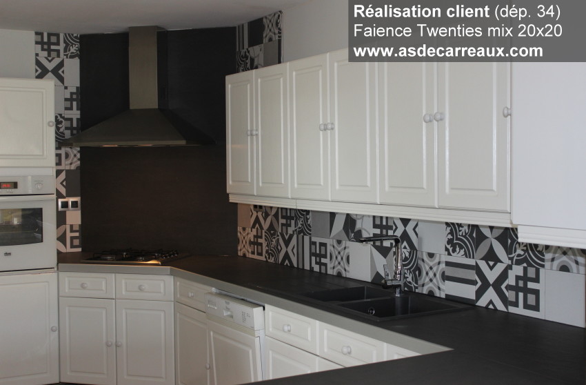 This is an example of a mid-sized traditional u-shaped open plan kitchen in Montpellier with a double-bowl sink, beaded inset cabinets, white cabinets, solid surface benchtops, multi-coloured splashback, cement tile splashback, white appliances and ceramic floors.